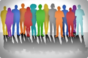 Abstract rendering of rainbow-colored silhouettes of people casting gray shadows