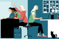 A drawing of students, split into two panels, to represent in-person and online education, respectively: on the left are three young adult students in a classroom and on the right is a single young adult student working at her computer in a kitchen, a cat at her feet. 