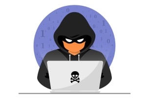 A drawing of someone in a black hoodie at a laptop with a black poison symbol on it, with ones and zeros behind him.