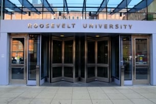 The front of a Roosevelt University campus building.