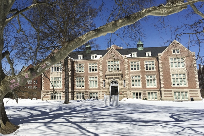 A photograph of a Vassar College building in the snow.