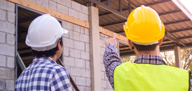 Two students wearing hard hats and flannels face away from the camera to evaluate a construction site